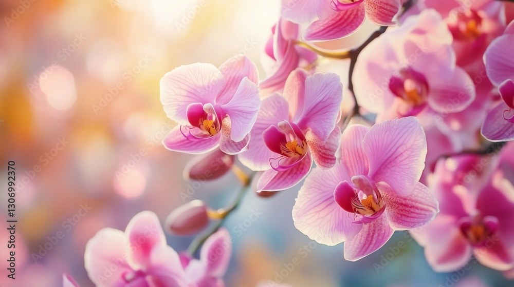 Poster a scenic view of orchids blooming naturally on a tree in a botanical garden.