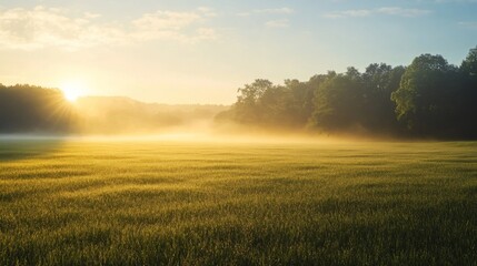 Obraz premium A serene countryside field covered in morning mist, with soft sunlight breaking through.