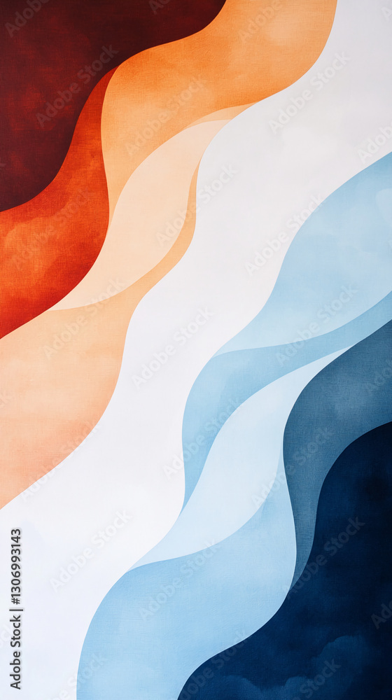 Poster Abstract artwork featuring flowing, wavy forms in shades of blue, orange, and brown, creating a dynamic and serene visual effect, ideal for background or design element