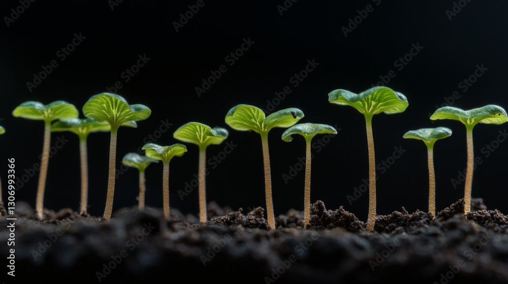 Poster a time-lapse effect of mushrooms sprouting from the ground, showing their growth.