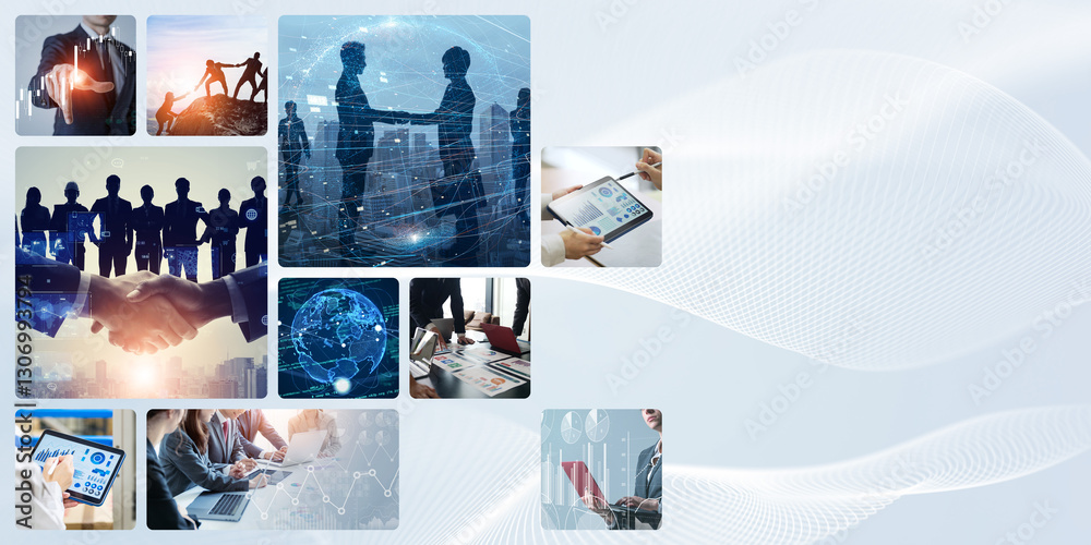 Poster collage of various business images - horizontal visuals for banners and advertisements