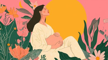 Illustration of a pregnant woman sitting in a garden. she is wearing a white dress with a floral pattern and has long dark hair.