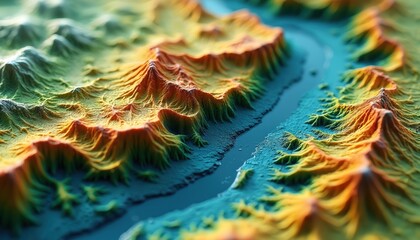 GIS geodata mapping concept detailed layers geographic data. Vibrant map highlights intricate topographical features. River flows through mountain range suitable for spatial geospatial analysis