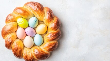 Easter Bread Nest with Eggs: A beautifully braided bread wreath cradles a collection of pastel-colored Easter eggs, a delightful springtime scene filled with joy and festivity.