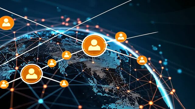 Global business network with digital signals radiating from major cities, illustrating the constant communication and teamwork between corporations across borders and time zones.