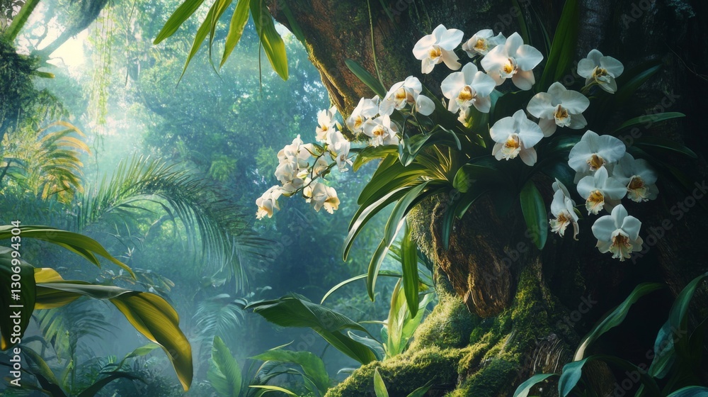 Poster a tropical rainforest setting with orchids flourishing on a towering tree trunk.