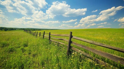 Fototapeta premium A vibrant green field with a rustic wooden fence stretching along the horizon.