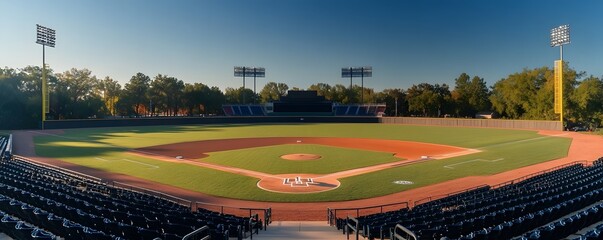 Empty baseball field with stadium seating under a clear sky