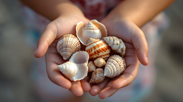 Child holding sea shells collection