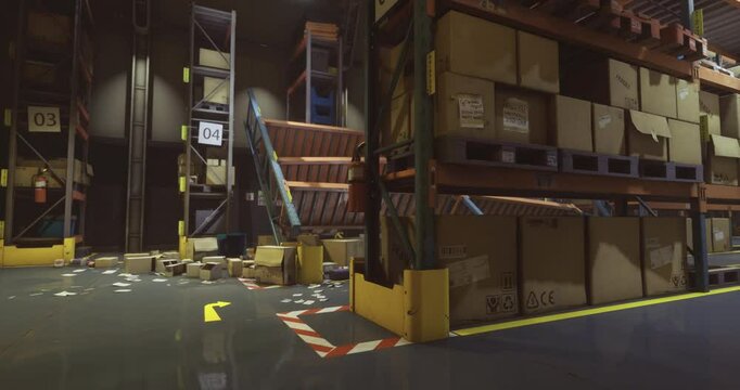 A warehouse interior shows tall shelves filled with boxes. Some packages are scattered across the floor, indicating recent activity. The space is well lit and busy.