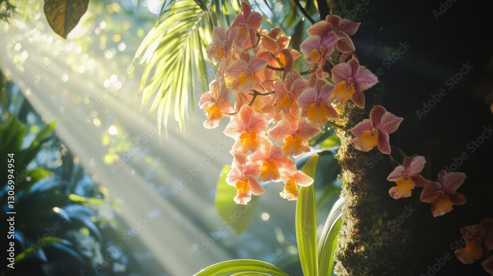 Poster Exotic orchids draping from a tree, with soft sunlight filtering through the canopy.