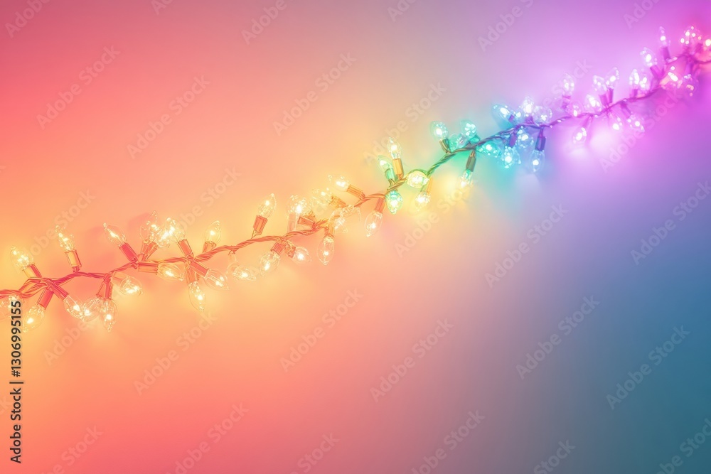 Fototapete festive garland of colorful glowing lights arranged diagonally on a soft gradient background for a v