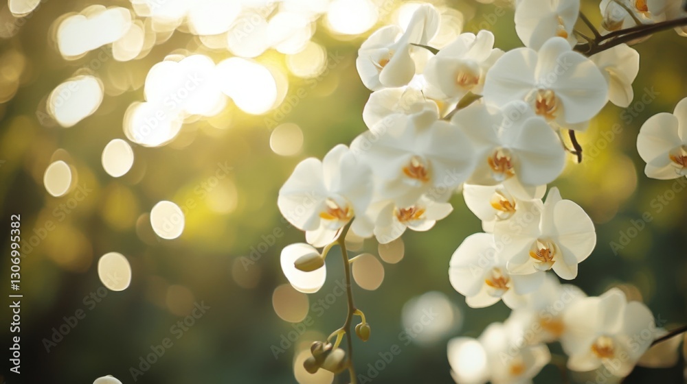 Poster White orchids gracefully hanging from a tree branch, creating a serene atmosphere.