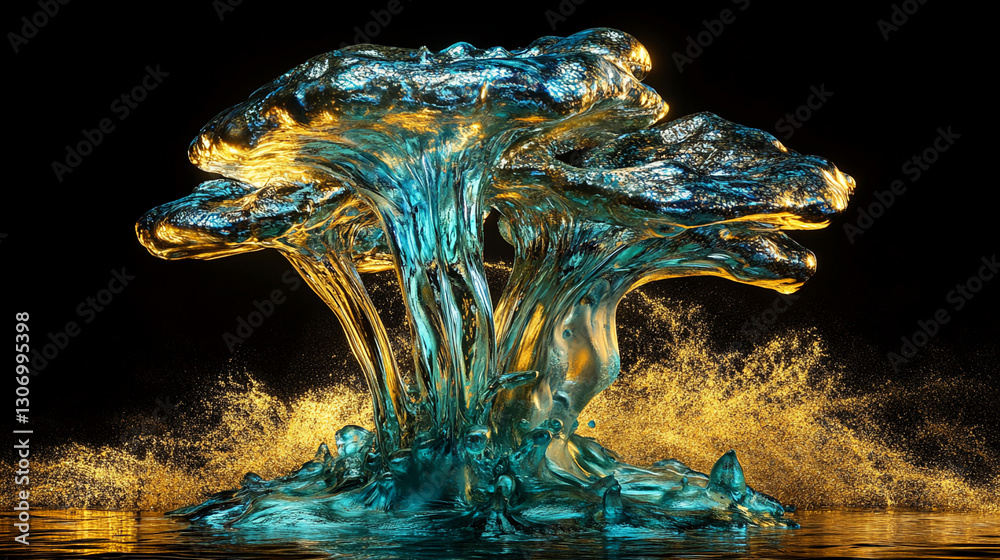 Aufkleber abstract image of turquoise and gold liquid forming a tree-like structure against a black background