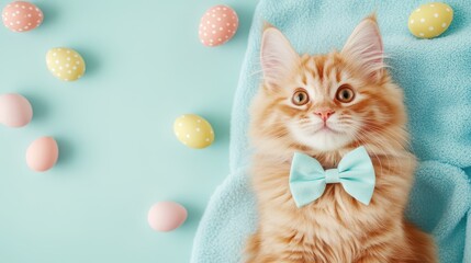 Easter Cat: A ginger cat wearing a turquoise bow tie, next to colorful Easter eggs and a blue fabric