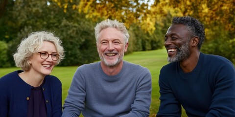 Obraz premium Shared Laughter: Three friends, their faces illuminated by genuine smiles, share a moment of camaraderie in a sun-dappled park, evoking feelings of connection and warmth.