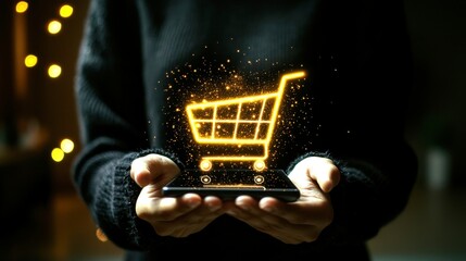 Bright Shopping Cart Icon with Sparkles Over a Smartphone Display
