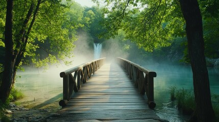 Fototapeta premium Misty Forest Bridge Over Serene Waterfall