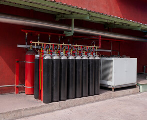 Industrial pipeline extinguishing system outside factory.