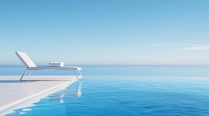 A white chaise lounge sits beside a swimming pool near the ocean