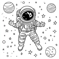 Coloring book with an astronaut, planets and outer space. Outline Drawing