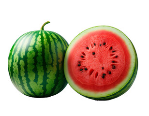 Fotografía profesional, de una sandia y otra partida por la mitad, fondo transparente, realista, 4k