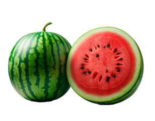 Fotografía profesional, de una sandia y otra partida por la mitad, fondo transparente, realista, 4k