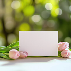 Obraz premium Blank card mock up on the table decorated with flowers
