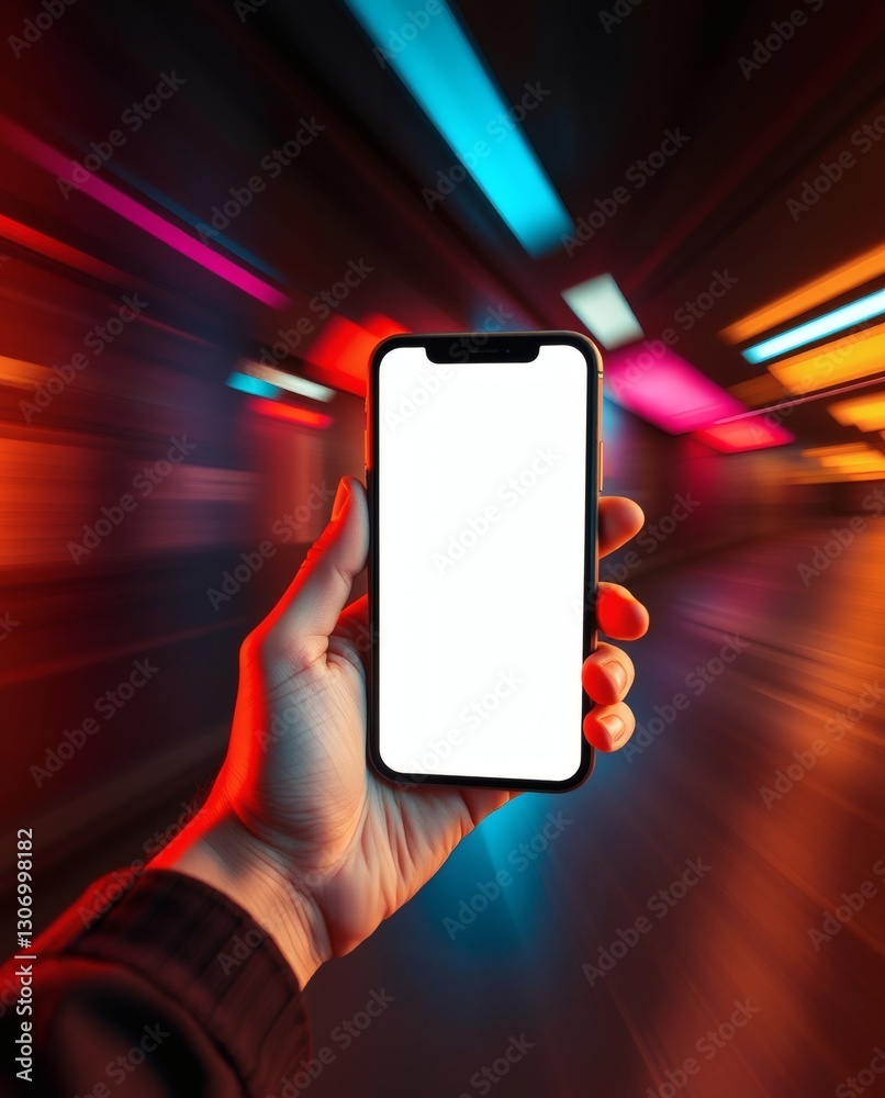 Poster a hand holding a smartphone with a blank screen in front of colorful, blurred lights. the image crea