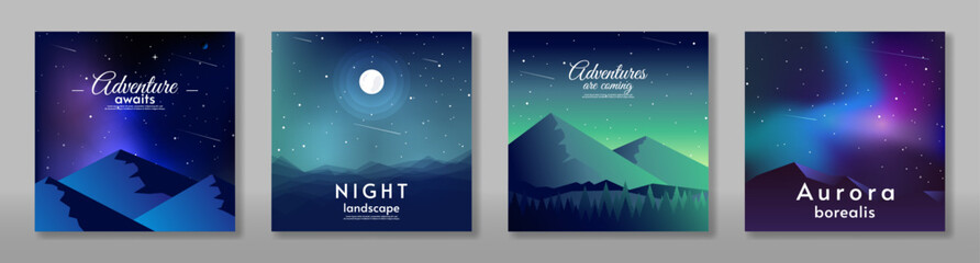 Vector illustration. Set of cards, flat style landscape. Aurora borealis with mountains. Design for poster, postcard, banner, cover.