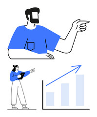 Man and woman pointing towards rising bar chart indicating progress, success, teamwork, motivation, decision-making. Ideal for business strategy, leadership, analytics, collaboration growth