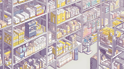 Obraz premium Automated warehouse inventory management system, robotic worker, high-bay storage, product distribution, logistics illustration