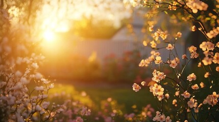 A soft spring sunset casting warm light over a blooming garden, golden and serene, ultra-detailed, 4k