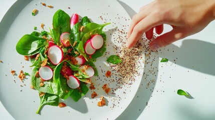 Dynamic Scene: Hand Sprinkling Roasted Quinoa Flakes onto Salad with Radishes and Spinach