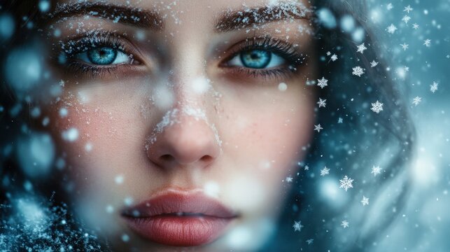 Snow delicately blankets her face as flakes drift from the top-left, blurring into ethereal beauty, with an intriguing text teasingly placed in the top-right corner