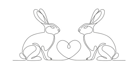 Two hares looking at each other, between them heart on white background. Rabbits in love drawn with single line in artline style. Cute bunnies confess their love to each other.