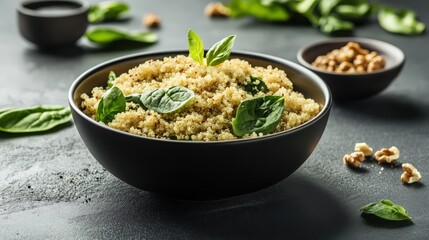 Exquisite Shot: Quinoa Salad with Crispy Walnuts, Spinach, and Pomegranate Dressing on Dark Backdrop