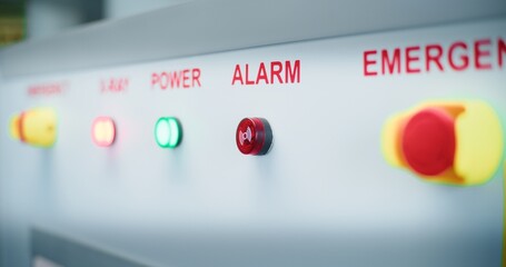 Advanced X-ray Metal Detector for Baggage Scanning with Illuminated Alarm Button on Control Panel. TSA Screening Procedures on Security Checkpoint in Airport Terminal before Boarding Flight. Close Up.
