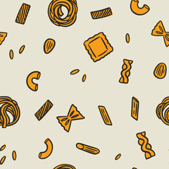 Geometrical pattern with different types of pasta. Vector illustration. Design for wallpaper, wrapping paper, clothing, cards and invitations.