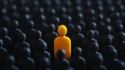 Obraz premium Yellow figure stands out among black figures in a concept representing individuality and uniqueness in a crowd