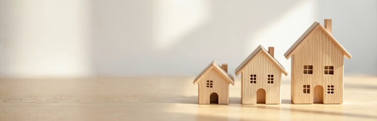 Wooden house models of different sizes stand on table. Home investment concept. Real estate market growth. Metaphor for family budget allocation and planning for future house purchase and mortgage.