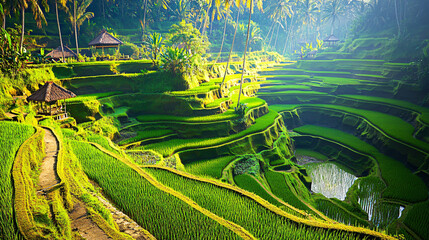 Aerial view rice terraces lush green landscape cascading fields Southeast Asia agricultural beauty traditional farming breathtaking patterns vibrant natural environment scenic countryside backdrop
