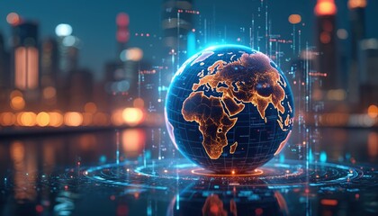 Digital earth globe over city background illustrates global business, IT or financial network. Worldwide web connections for tech company. Worldwide expansion, import export, international trade.