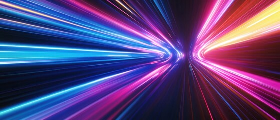 Abstract neon light trails with vibrant blue, pink, and yellow colors creating a futuristic speed motion effect for technology and digital background