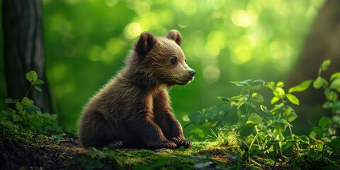 Fototapeta premium Gentle bear cub exploring the forest, dreamy green background