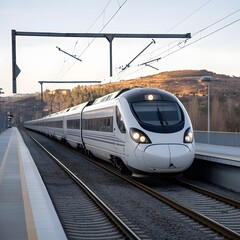Fototapeta premium High-speed train arriving station, rural landscape