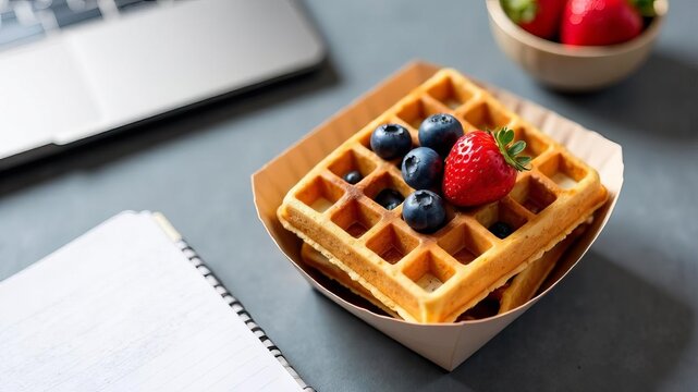 Breakfast in office. Waffles with strawberries and blueberries on gray table - Powered by Adobe