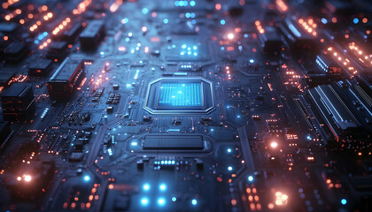 Fototapeta premium Close Up of Glowing Circuit Board with Integrated Microchip