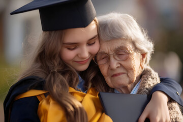 Young Caucasian female graduate in graduation cap hugging elderly woman grandmother celebrating achievement