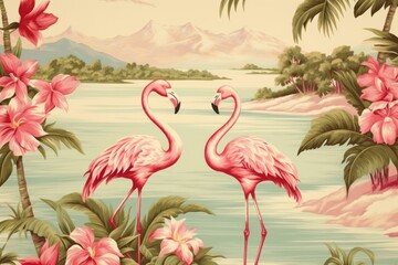 Obraz premium Hawaiian flamingo pattern bird pink.